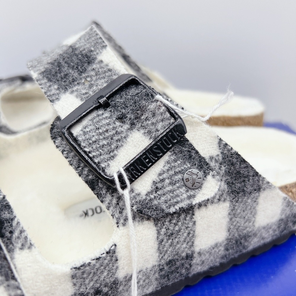 Birkenstock Arizona Rivet Shearling Sandal White Black Plaid Wool EU 46 US 13.5 - Picture 6 of 10